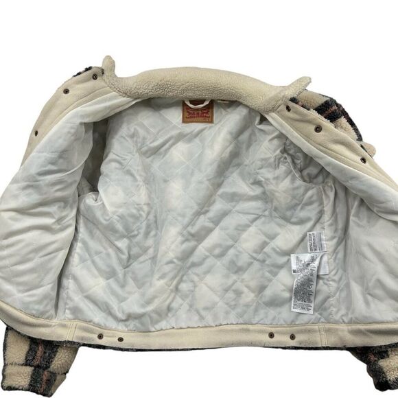 Levi’s Plaid Ex Boyfriend Sherpa Trucker Jacket Black Pink Size Large - Picture 5 of 12